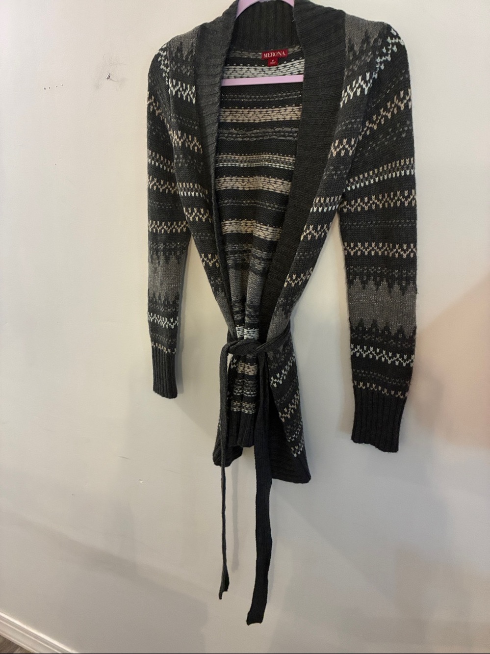 Grandpa Core Fair Isle Metallic AcrylicWool Black Gray Belted Open-Front Cardiga